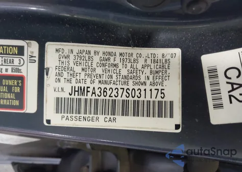 2007 Honda Civic Hybrid from USA, damaged, VIN JHMFA36237S031175
